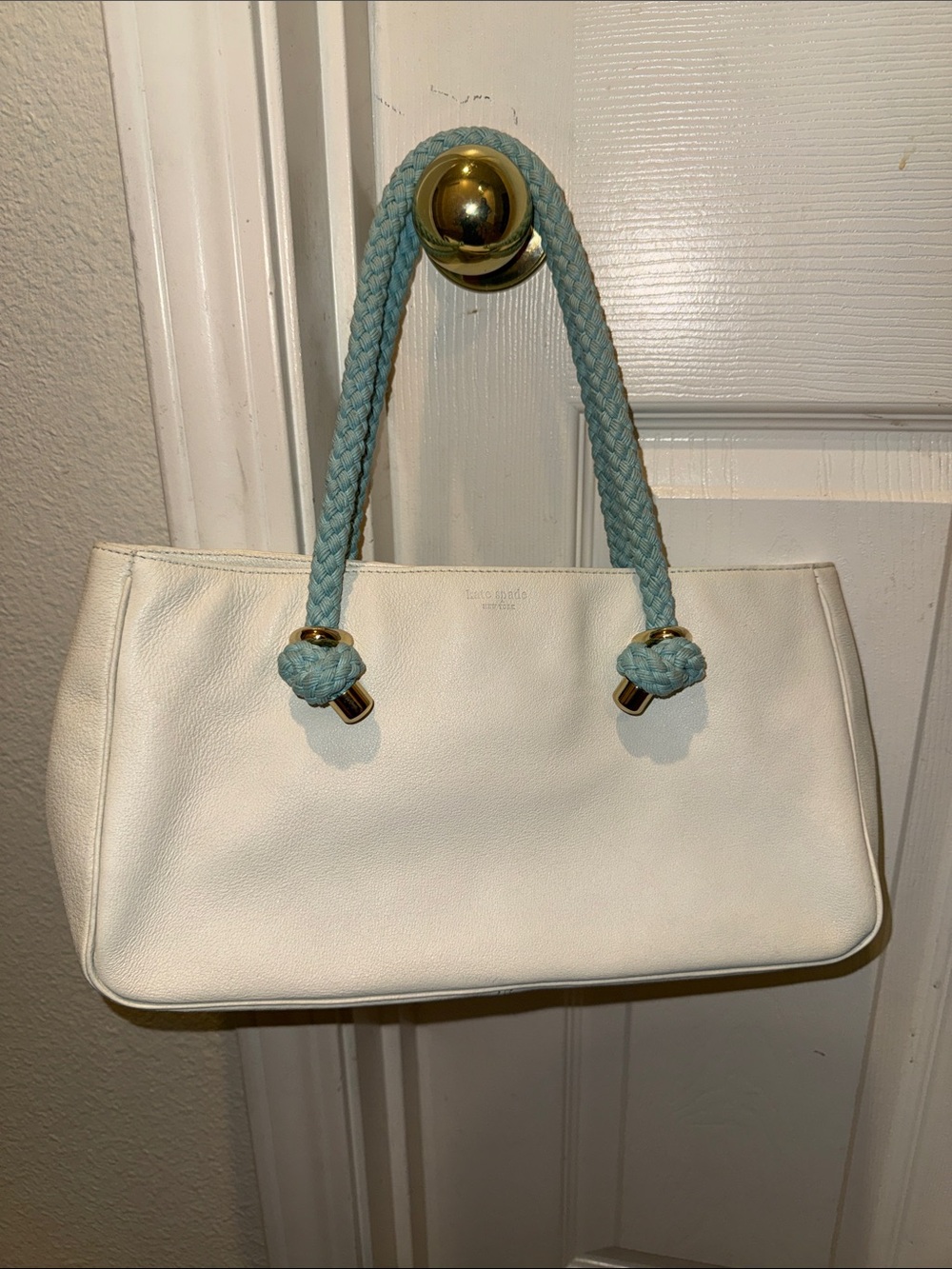 kate spade White Leather Shoulder Bag with Light Blue Rope Handles